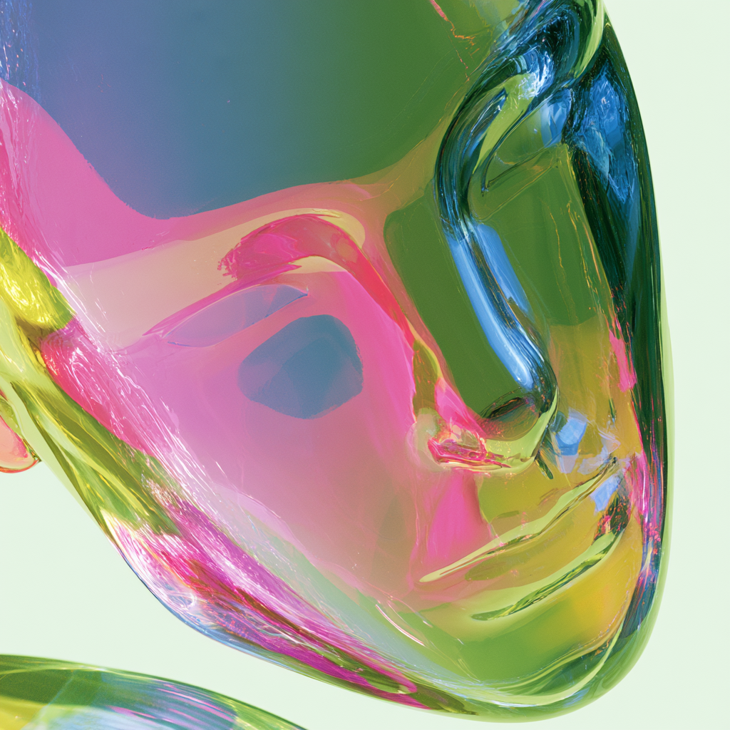 Abstract translucent profile in pink, green, blue, and yellow.
